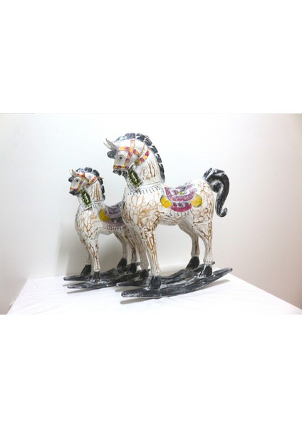 Ahşap Dekoratif 2'li Sallanan Atlar 55 cm - 45 cm Renkli El Yapımı Otantik Tahta Atlar. modelleri