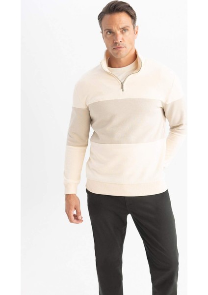 Comfort Regular Fit Rahat Kalıp Dik Yaka Fermuarlı Çizgili Kalın Sweatshirt