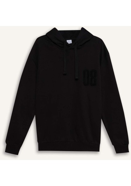 Siyah Relax Fit Kapüşonlu Baskılı Kalın Sweatshirt D2682AX24AU