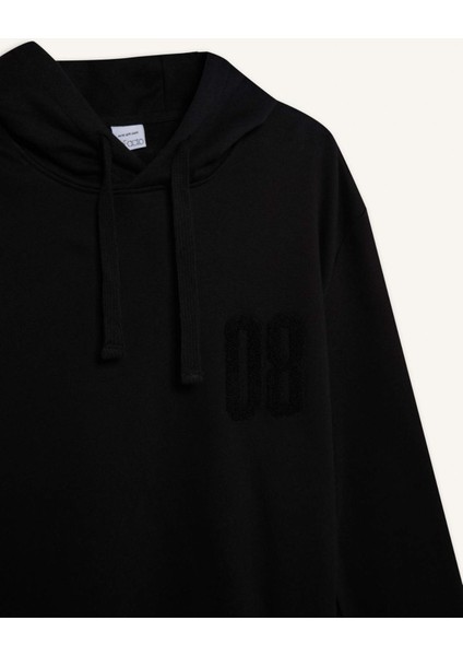 Siyah Relax Fit Kapüşonlu Baskılı Kalın Sweatshirt D2682AX24AU