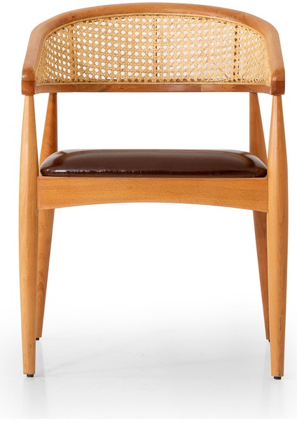 Moon 2'li Set Masif Ahşap Hazeranlı Sandalye, Rattan Sırtlı Lüks Tasarım Yemek Masası Sandalyesi - Kahverengi