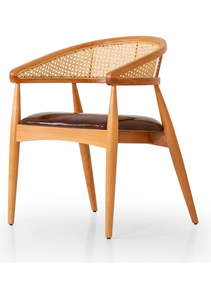 Moon 2'li Set Masif Ahşap Hazeranlı Sandalye, Rattan Sırtlı Lüks Tasarım Yemek Masası Sandalyesi - Kahverengi fiyatları