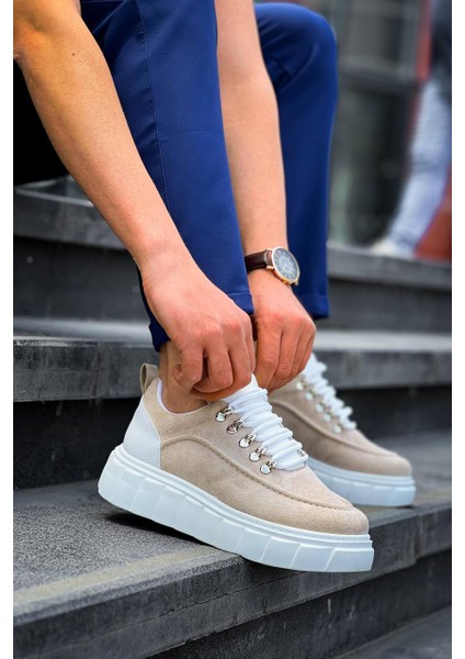 KB-X10 Kuback Bej Süet Beyaz Yüksek Taban Günlük Spor Ayakkabı
