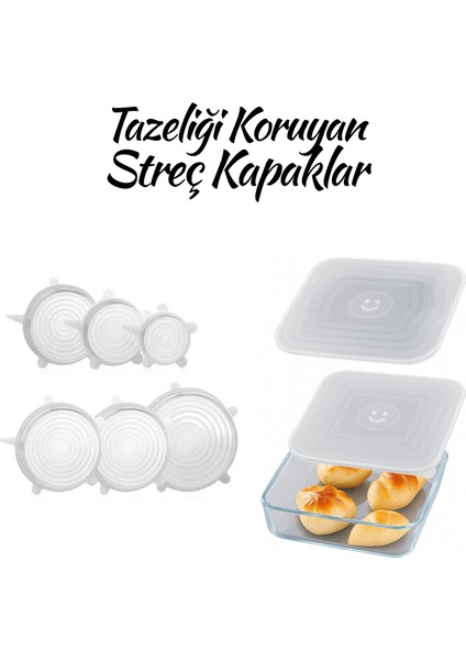 Silikon 2 Boy Kare Borcam Kapağı ve Silikon Streç Kapak 6'lı Tencere Kupa Bardak Bonesi