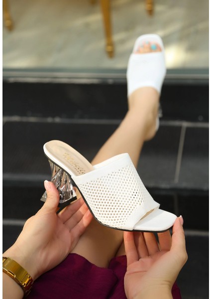 Drnds Akva Beyaz Triko Şeffaf Topuklu Terlik (Numara: 38) modelleri