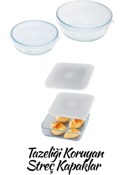 Silikon 2 Boy Kare ve Yuvarlak Borcam Kapağı-Tazeliği Koruyan Streç Kapaklar
