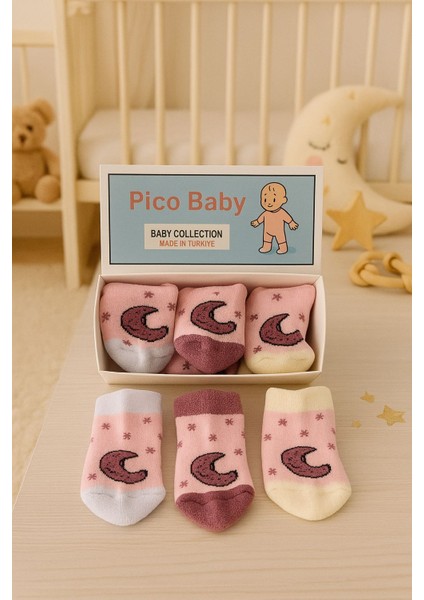 3'lü Yenidoğan Bebek Ay Desenli Havlu Çorap