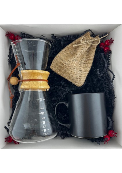 Kahve Seti Kahve Demleme Karafı 600 Ml, Siyah Seramik Kupa, Bez Kesede Filtre Kahve Seti