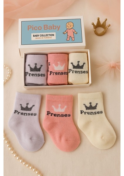 3'lü Yenidoğan Bebek Prenses Desenli Havlu Çorap