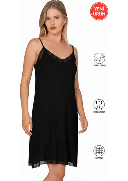 Özkan 27731 Kadın Viskon Premium Kumaş Kaşkorse Dantel Detaylı Diz Üstü Kombinezon Elbise Astar Jüpon