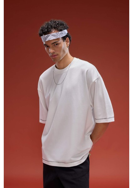 Loose Fit Bisiklet Yaka Kısa Kollu Ağır Kumaş Tişört C0147AX25SP