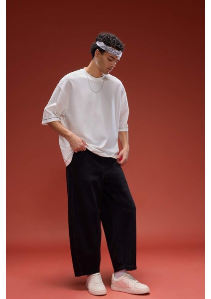 Loose Fit Bisiklet Yaka Kısa Kollu Ağır Kumaş Tişört C0147AX25SP