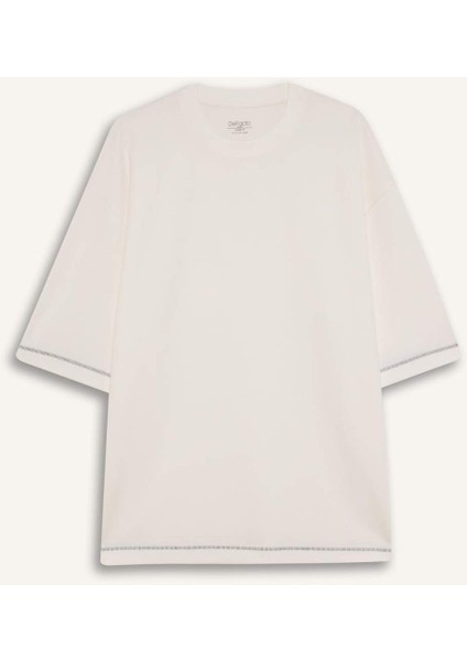 Loose Fit Bisiklet Yaka Kısa Kollu Ağır Kumaş Tişört C0147AX25SP