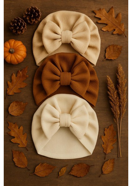 Fiyonklu Bebek Bone 3'lü Set- Krem/ Kahverengi / Beyaz