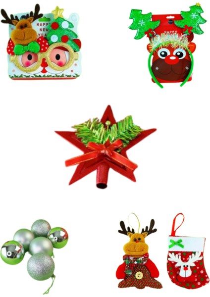 Happy New Year Yılbaşı Süsü Seti Taç, Ağaç Süsü, Gözlük 11 Parça Yeni Yıl Süsü