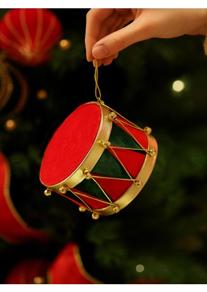 Yılbaşı Ağaç Süsü Kadife Davul Figürlü Dekoratif Asılabilir Süs kırmızı Yeşil 13 cm