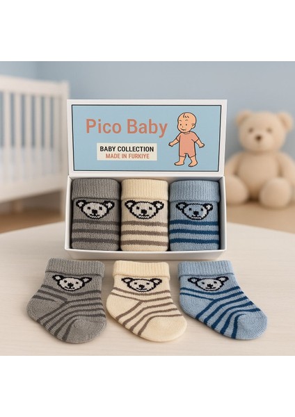 3'lü Yenidoğan Bebek Ayıcık Desenli Havlu Çorap