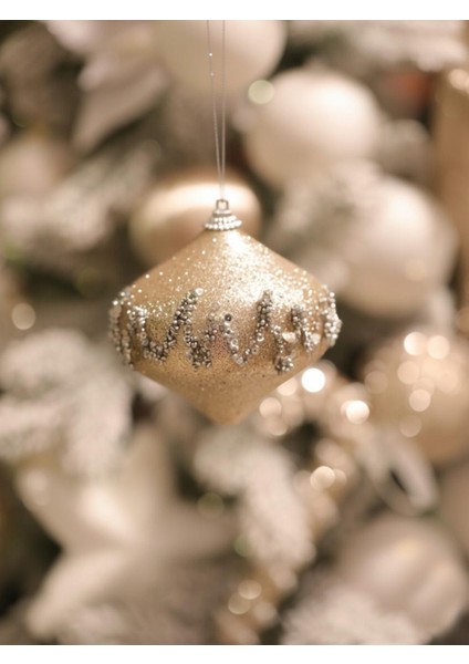 Yılbaşı Topu Simli Boncuk ve Pul - Payet Detaylı Çam Ağacı Süsü Şampanya 10 cm 2'li