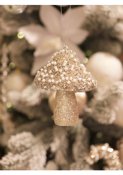 Yılbaşı Ağaç Süsü Mantar Figürlü Asılabilir Inci Detaylı Simli Dekoratif Süs Şampanya 10 Cm