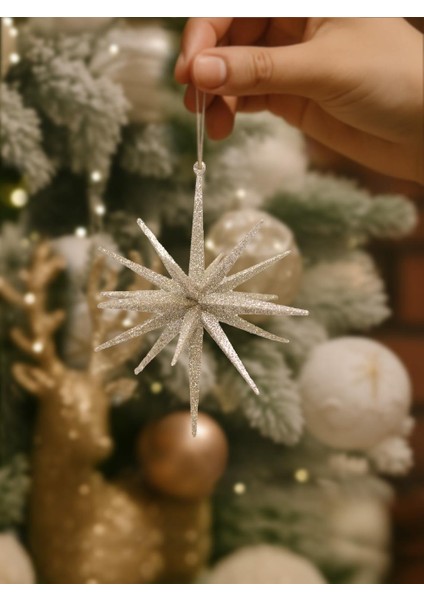 Yılbaşı Ağaç Süsü 3D Simli Kutup Yıldızı Asılabilir Dekoratif Süs Şampanya 14 cm