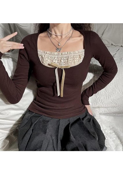 Victorian Kahverengi Vintage Önü Büzgülü Dantel Ek Parçalı Uzun Kollu Fairycore Bluz
