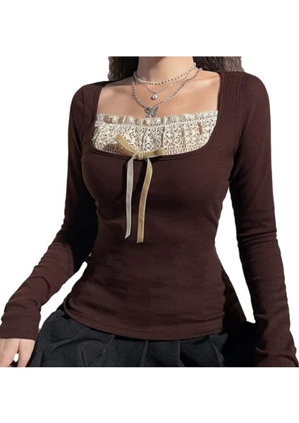 Victorian Kahverengi Vintage Önü Büzgülü Dantel Ek Parçalı Uzun Kollu Fairycore Bluz modelleri