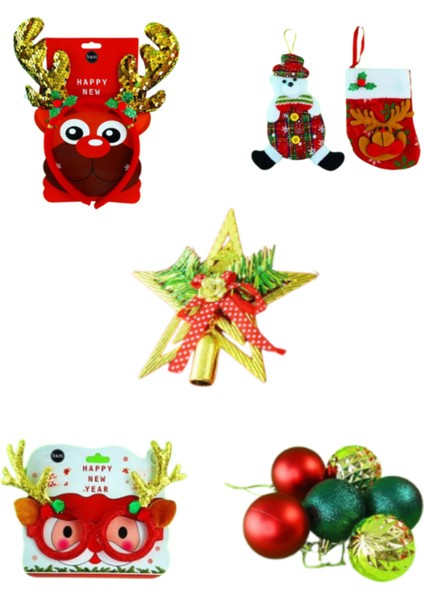 Happy New Year Yılbaşı Süsü Seti Taç, Ağaç Süsü, Gözlük 11 Parça Yeni Yıl Süsü