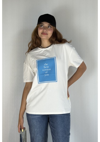 Kadın Bisiklet Yaka Baskılı Kısa Kol Oversize Tişört