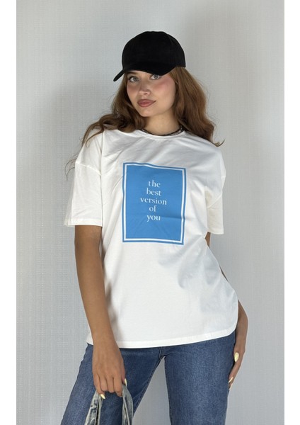 Kadın Bisiklet Yaka Baskılı Kısa Kol Oversize Tişört modelleri