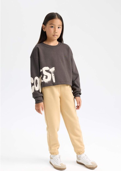 Kız Çocuk Standart Fit Beli Paçası Lastikli Baskılı Jogger Eşofman Altı