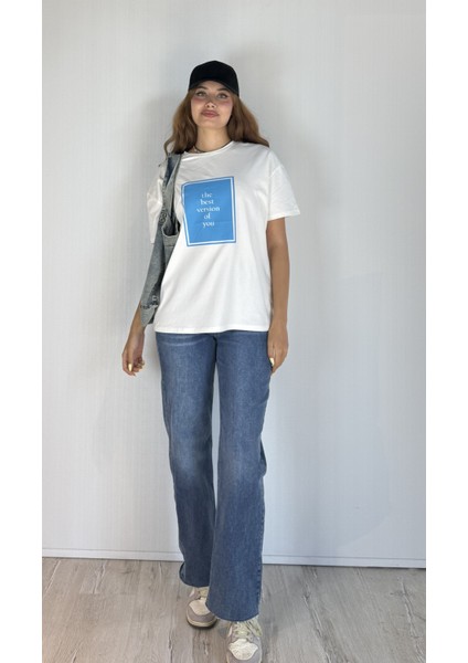 Kadın Bisiklet Yaka Baskılı Kısa Kol Oversize Tişört indirimleri