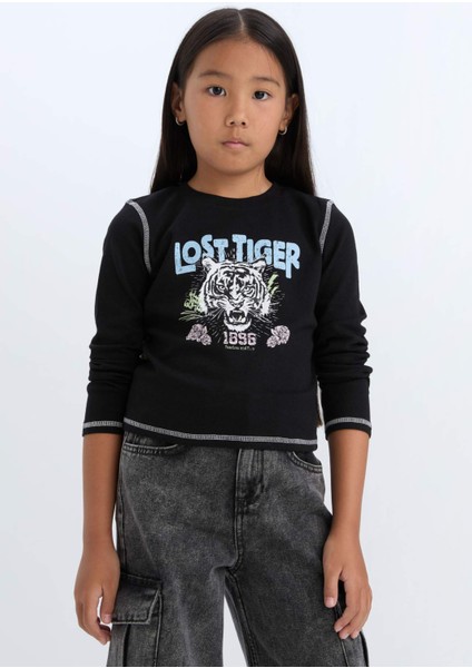 Kız Çocuk Cropped Fit Bisiklet Yaka Baskılı Fitilli Kaşkorse Uzun Kollu Tişört