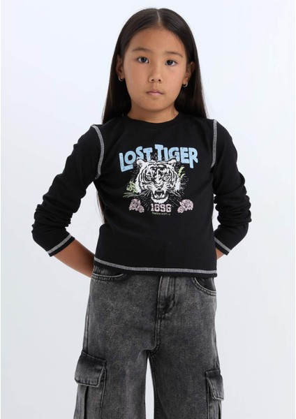 Kız Çocuk Cropped Fit Bisiklet Yaka Baskılı Fitilli Kaşkorse Uzun Kollu Tişört