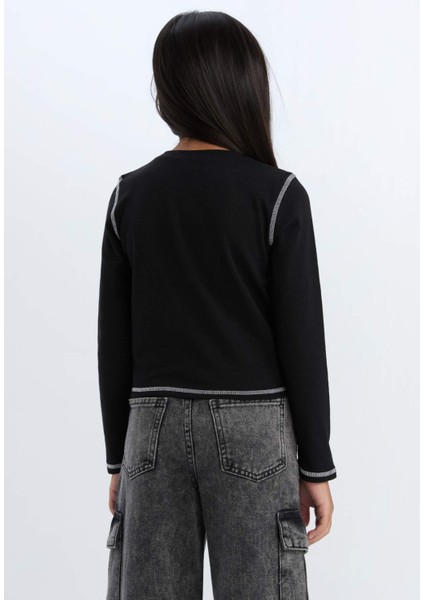 Kız Çocuk Cropped Fit Bisiklet Yaka Baskılı Fitilli Kaşkorse Uzun Kollu Tişört