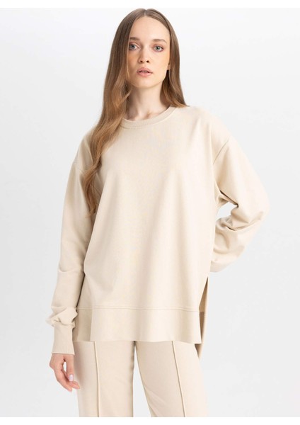 Regular Fit Bisiklet Yaka Basic Düz Sweatshirt Tunik