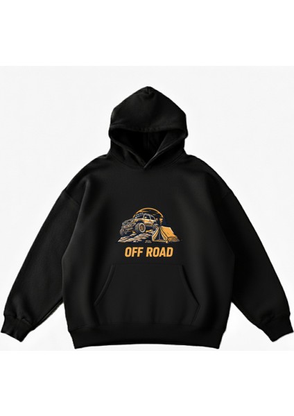 Makiteks Siyah Pamuklu Unisex Cepli Kapüşonlu Rahat Kesim Off Road Baskılı Sweatshirt