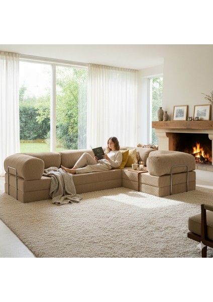 300X200 Teddy Serisi Köşe Kapali| Uzanma Modüler Koltuk | Yıkanabilir Corduroy Kumaş | Çok Fonksiyonlu Yer Yatağıyeny Fitilli