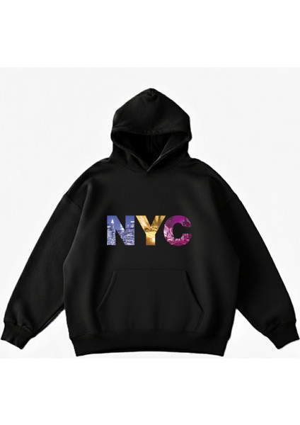 Makiteks Siyah Pamuklu Unisex Cepli Kapüşonlu Rahat Kesim New York City Nyc Baskılı Sweatshirt