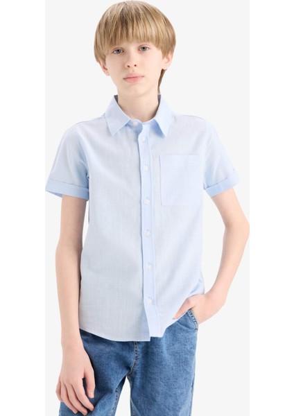 Erkek Çocuk Polo Yaka Keten Görünümlü Basic Düz Kısa Kollu Gömlek