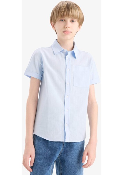 Erkek Çocuk Polo Yaka Keten Görünümlü Basic Düz Kısa Kollu Gömlek
