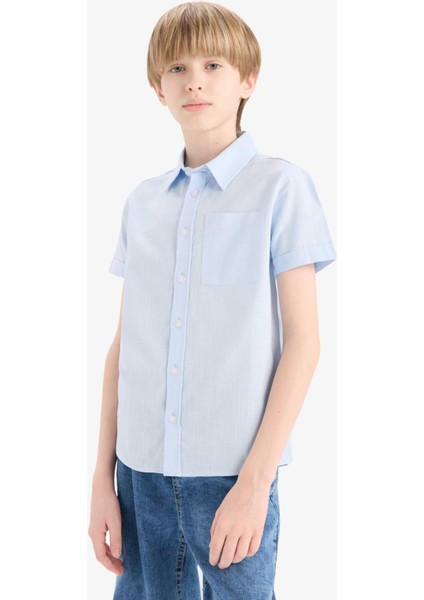 Erkek Çocuk Polo Yaka Keten Görünümlü Basic Düz Kısa Kollu Gömlek