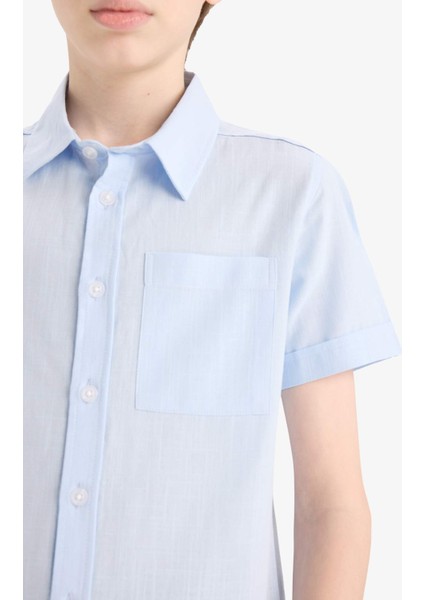 Erkek Çocuk Polo Yaka Keten Görünümlü Basic Düz Kısa Kollu Gömlek