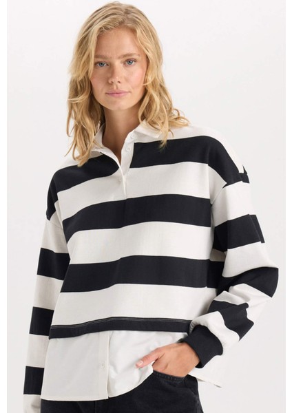 Relax Fit Polo Yaka Çizgili Kalın Sweatshirt