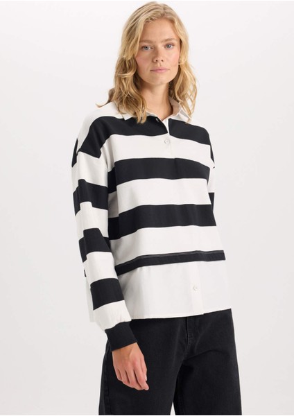 Relax Fit Polo Yaka Çizgili Kalın Sweatshirt