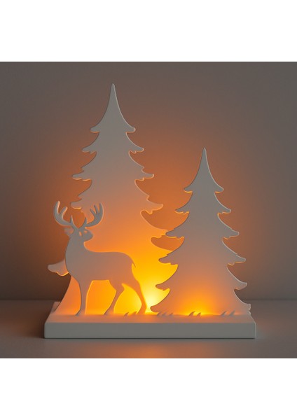 3D Baskı Dekoratif Geyik ve Çam Ağaçları Yılbaşı Aydınlatması – LED Tealight Uyumlu