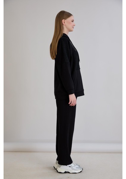Kadın Triko Buklet Garnili Regular Kalıp Siyah Eşofman Alt Üst Takım