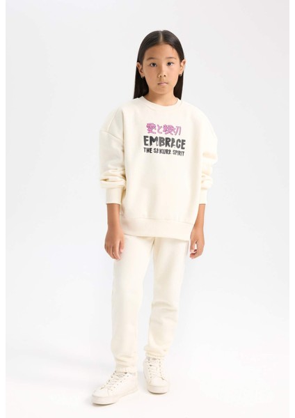 Kız Çocuk 2'li Takım Baskılı Sweatshirt Üst Beli Lastikli Jogger Eşofman Altı