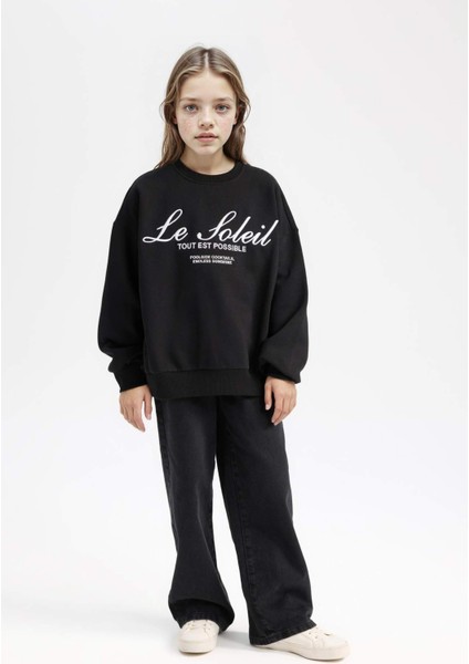 Kız Çocuk Oversize Geniş Kalıp Bisiklet Yaka Baskılı Sweatshirt