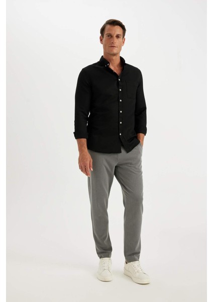 Slim Fit Dar Kesim Polo Yaka Dokulu Uzun Kollu Gömlek