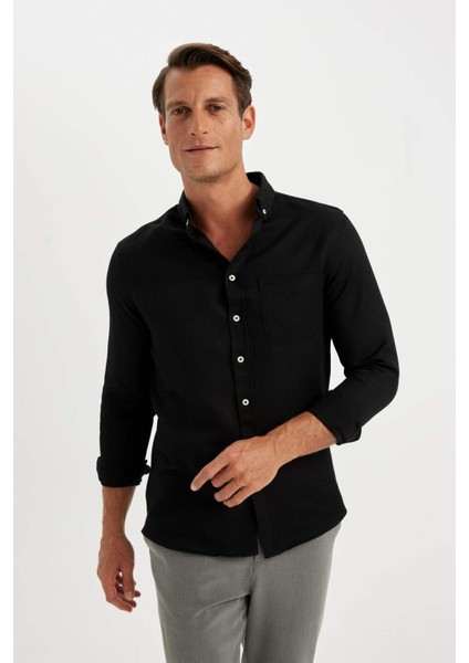 Slim Fit Dar Kesim Polo Yaka Dokulu Uzun Kollu Gömlek